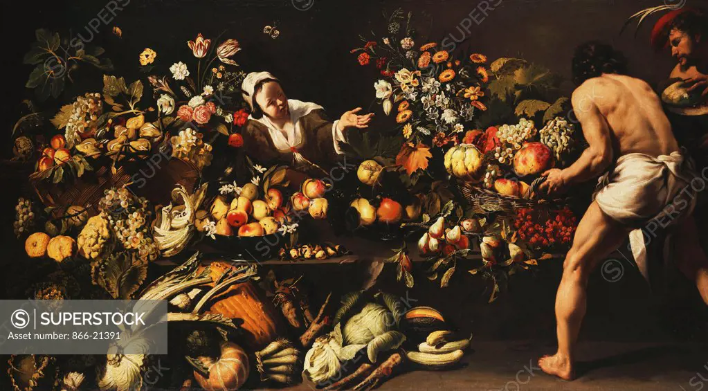 A Larder Stocked with Vegetables, Flowers and Fruit. Italian School, 17th Century. Oil on canvas. 151.1 x 269.9cm.