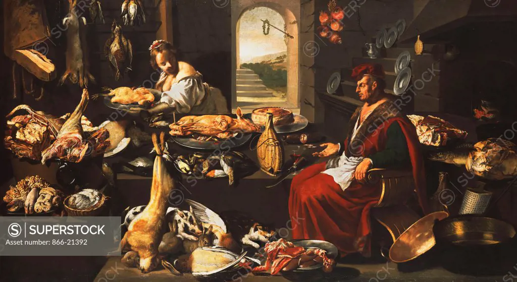 A Cook in a Well-Stocked Kitchen with a Serving Woman. Italian School, 17th Century. Oil on canvas. 150.5 x 269.3cm.