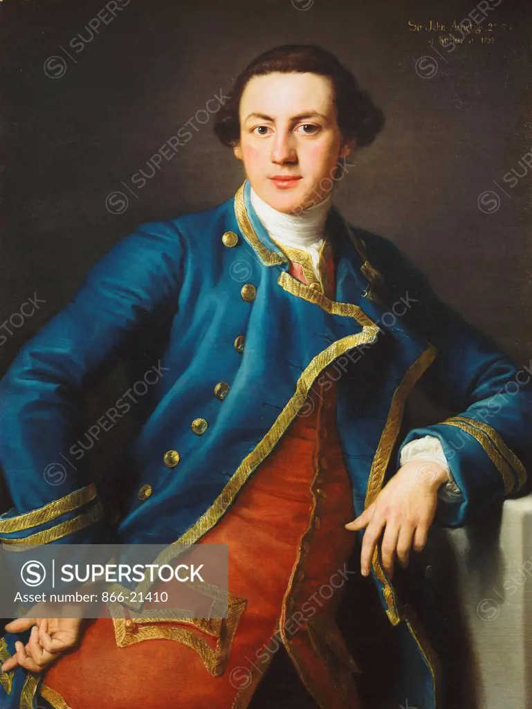 Portrait of Sir John Armytage, 2nd Bt. (1732-1758), half-length, in Blue Coat and Crimson Waistcoat. Pompeo Girolamo Batoni (1708-87). Oil on canvas. Painted 1758. 96.5 x 71cm.