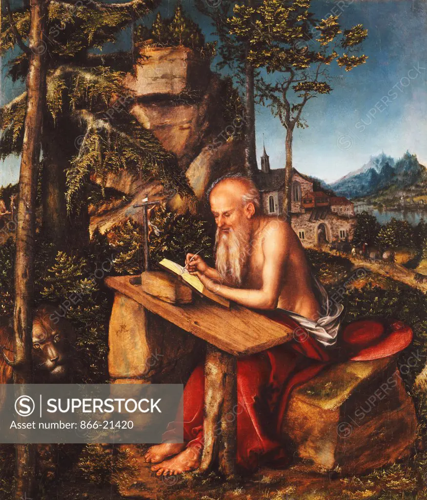 Saint Jerome Writing in a Rocky Landscape. Lucas Cranach (1472-1553). Oil on marouflaged panel. Painted circa 1515. 68 x 57.5cm.