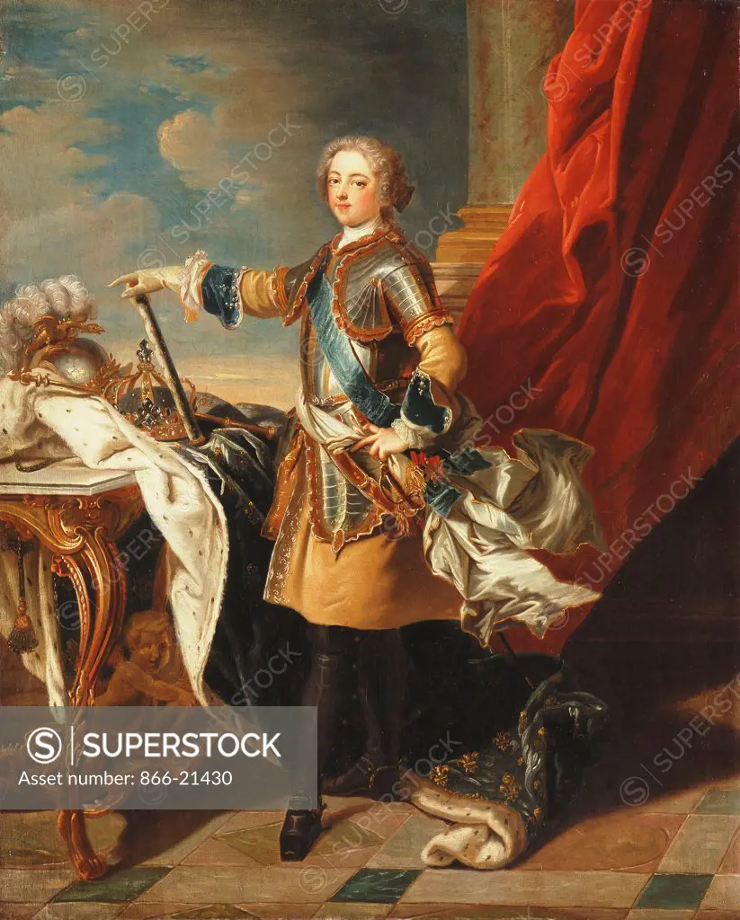 Portrait of King Louis XV, full-length, wearing half Armour. Follower of Louis-Michel Van Loo. Oil on canvas. 73.3 x 59.2cm.