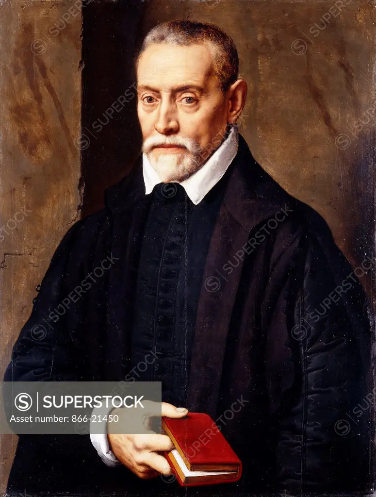 Portrait of an Academic, half-length, in black costume, holding a book. Attributed to Willem Key (circa 1515-1568). Oil on panel. 66.7 x 51.4cm.