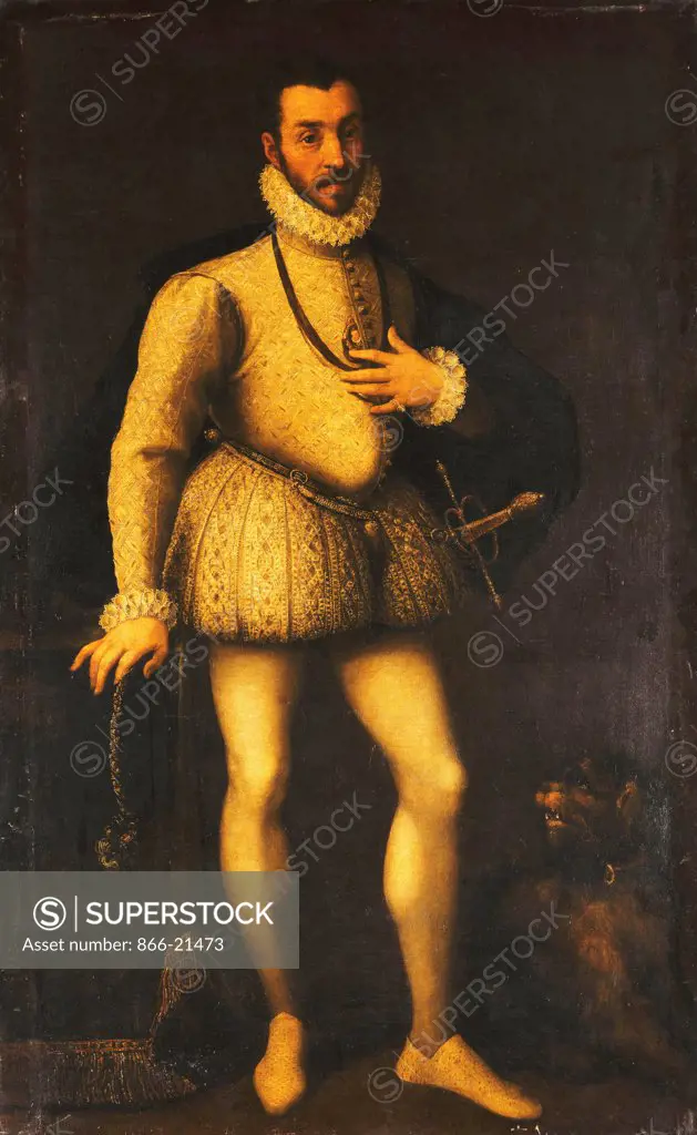 Portrait of a Gentleman, full-length, Wearing an Embroidered White Jerkin, a Cloak and a Sword. School of Parma, circa 1580. Oil on canvas. 184.8 x 115cm.