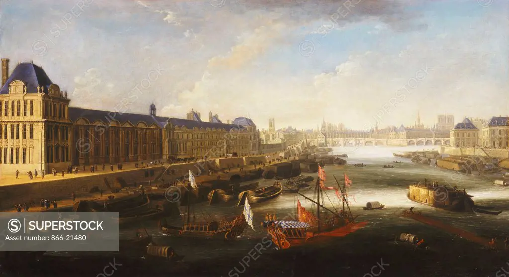 A View of Paris and the Seine looking East from the Pont Barbier. French School, circa 1668. Oil on canvas. Panted circa 1668. 69 x 124.5cm.