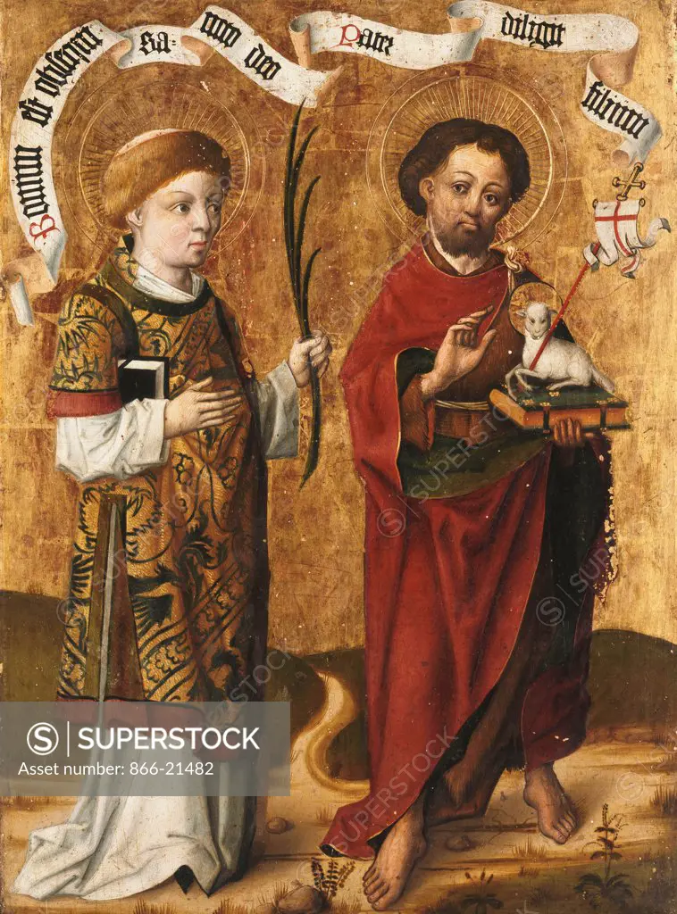 Saints Stephen and John the Baptist. Circle of the Master of Liesborn (fl.1460-1490). Tempera on gold ground panel. 37.8 x 28.2cm.