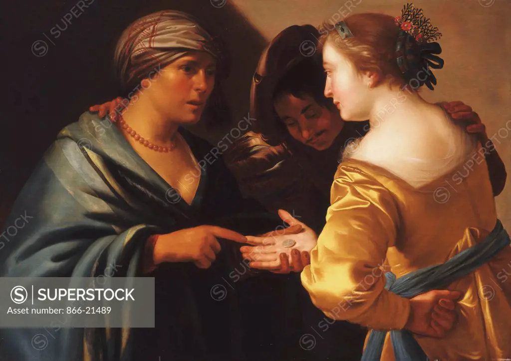 A Gypsy Fortune Teller with a Young Couple. Circle of Adam de Coster (c.1586-1643). Oil on panel. 75.5 x 106.5cm.