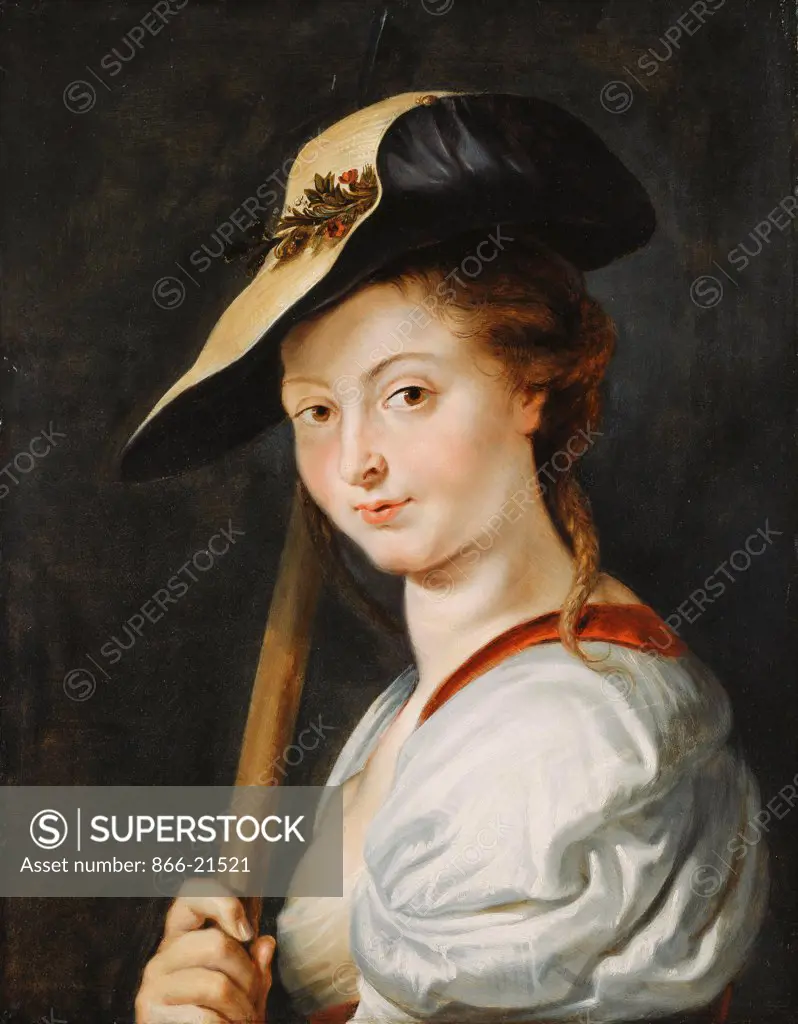Portrait of a young Woman, stated to be Suzanna  Fourment, bust length, as a Shepherdess. Peter Paul Rubens (1577-1640). Oil on panel. 66.7 x 52.2cm.