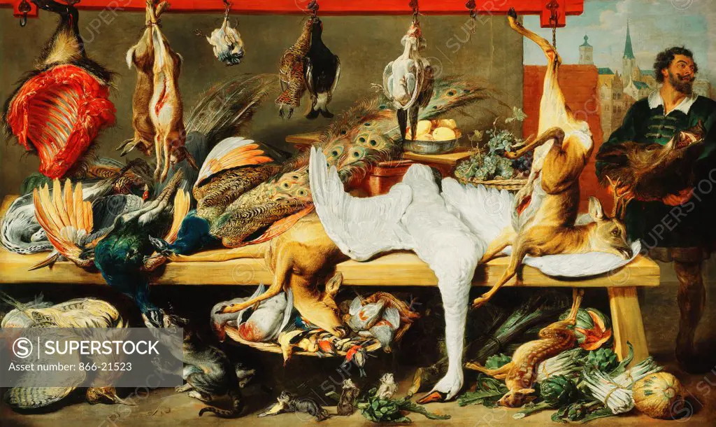 A Butcher's Stall with Cats and Kittens playing and a Butcher holding a Boar's Head. Frans Snyders (1579-1657)and Cornelis de Vos (circa 1584/1585-1651). Oil on canvas. 203 x 342cm.