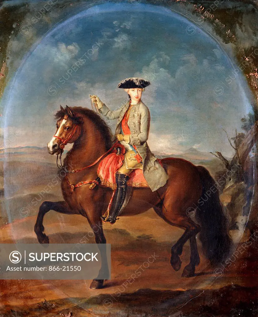 An Equestrian Portrait of Francis, Duke of Lorraine (1708-1769), later Emperor Francis I of Austria, full length in a landscape. Francesco Liani (1712-1770). Oil on canvas, an oval made up into rectangle. 76.1 x 63.5cm.