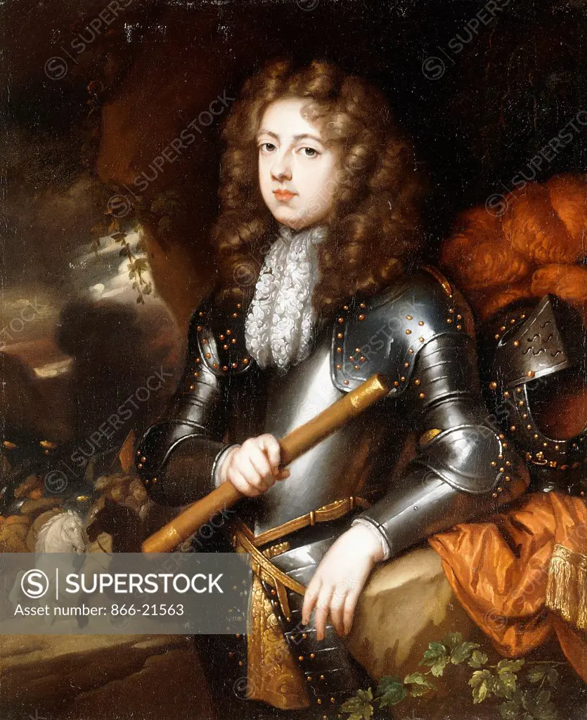 Portrait of a Commander, three-quarter length, in Armour, holding a Baton, his Plumed Helmet on a Rock nearby, a Cavalry Charge beyond. Caspar Netscher (1636-1684). Oil on canvas. 48 x 39.9cm.