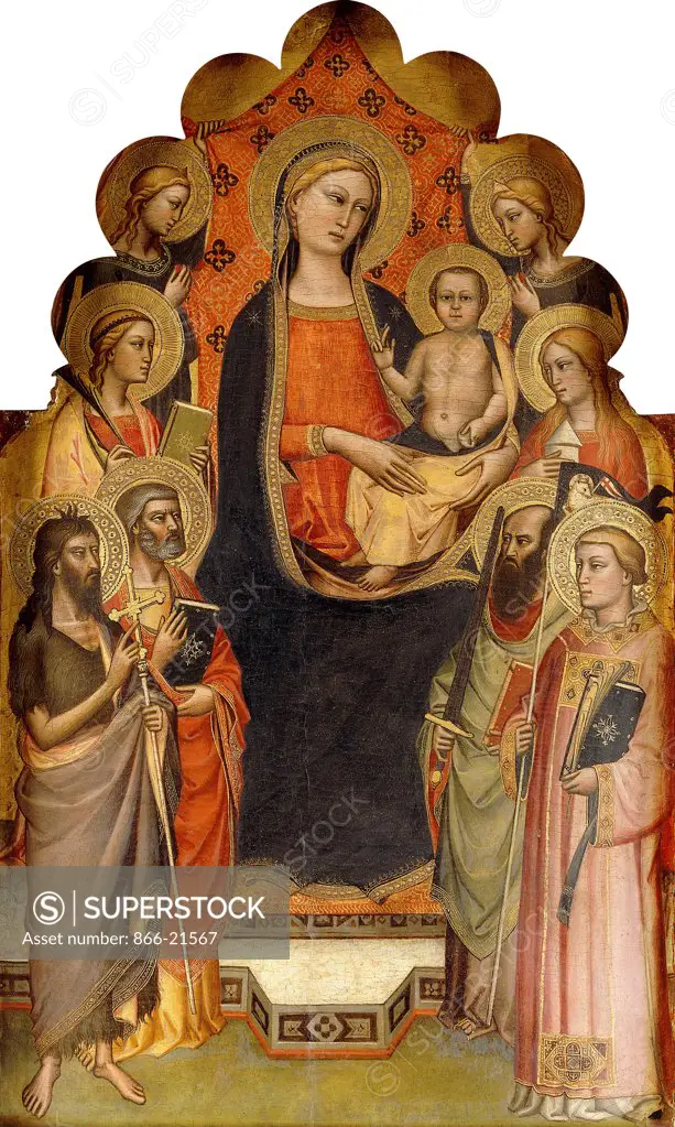 The Madonna and Child enthroned with Saints John the Baptist, Peter, Mary Magdalen, Paul and Stephen, a Female Martyr Saint and Angels. Nicolo di Pietro Gerini (active 1368-d.1415). Tempera on gold ground panel. 116.5 x 60.3cm.