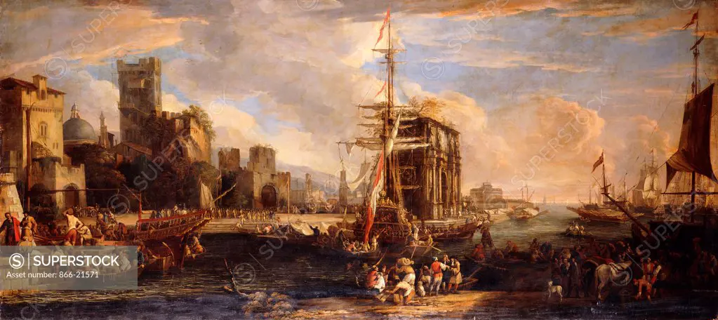 A Capriccio of a Mediterranean Seaport with Austrian Shipping, Merchants and Sailors on Quays in the Foreground, a Company of Militia near the Arch of Constantine and Castel Sant'Angelo beyond. Luca Carlevaris (1663-1730). Oil on canvas. 131.5 x 289cm.