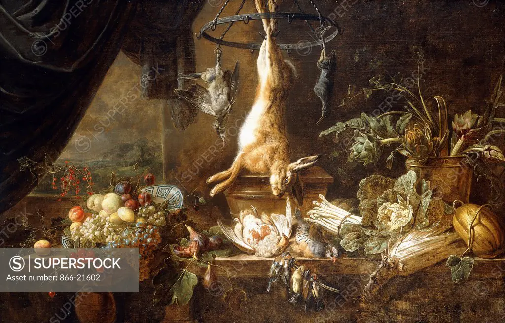 A Hare and Snipe Hanging from a Game-Ring, Fruit in a Wanli Kraak Porselein Bowl, Figs, Dead Partridges and Finches, Asparagus, Cabbage, Fennel and Artichokes in a Copper Pot on a Ledge by a Draped Casement. Adriaen van Utrecht (1599-1652). Oil on canvas. Dated 1650. 115.6 x 178.4cm.