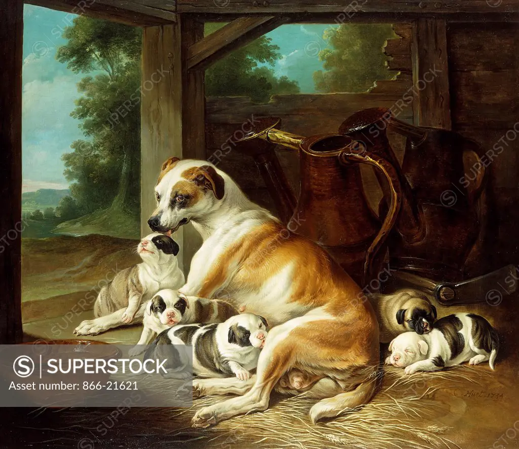 A Mother with her Puppies. Christophe Huet (1700-1759). Oil on canvas. Painted in 1734. 127 x 146cm.