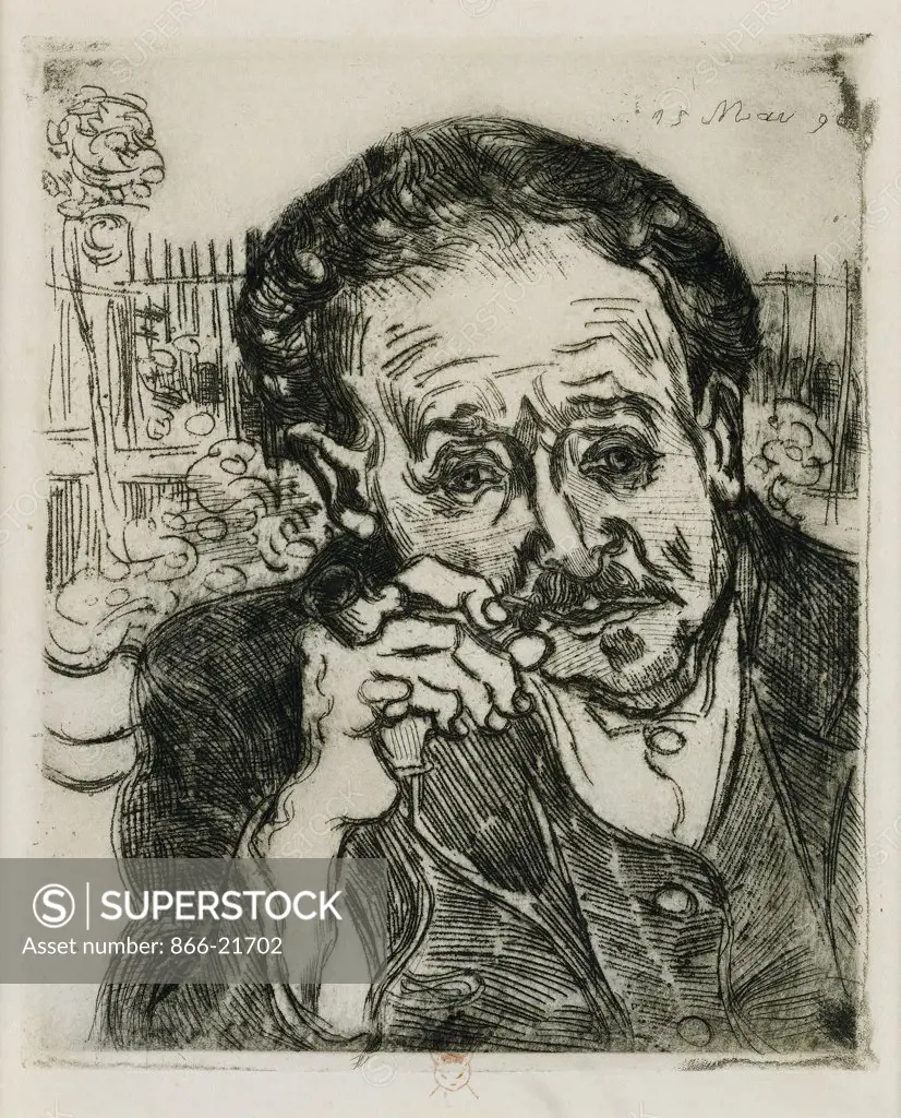 L'Homme a la Pipe: Portrait du Docteur Gachet; Man with a Pipe: Portrait of Doctor Gachet. Vincent Van Gogh (1853-1890). Etching. 39.2 x 27.5cm.