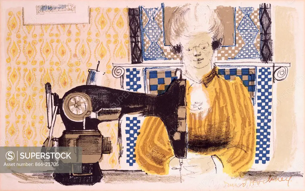 Woman with a Sewing Machine. David Hockney (b.1937). Lithograph printed in colours. Printed in 1954. 22 x 36cm.
