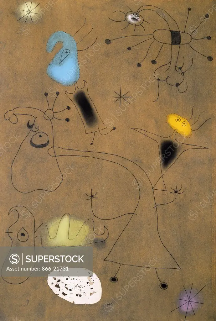 Woman, Birds, Star; Femme, Oiseaux, Etoile. Joan Miro (1893-1983). Pastel, gouache and ink on sandpaper. Executed circa 1942. 103.5 x 71.8cm.
