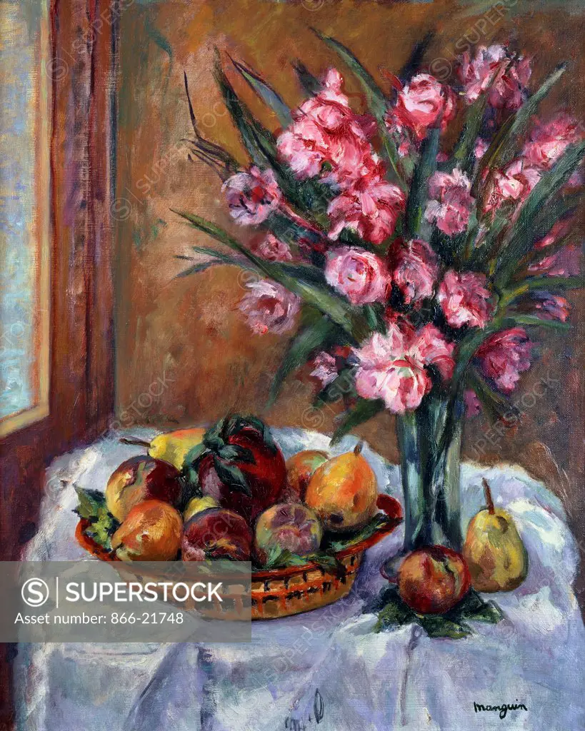 Oleander and Fruit; Lauriers Roses et Fruits. Henri Charles Manguin (1874-1949). Oil on canvas. Painted in 1941. 61 x 50cm.