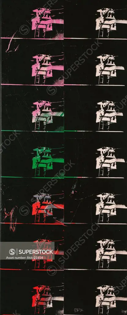 Fourteen Small Electric Chairs (Reversal Series). Andy Warhol (1928-1987). Silkscreen inks and synthetic polymer on canvas. Signed and dated 1980. 202 x 82cm.