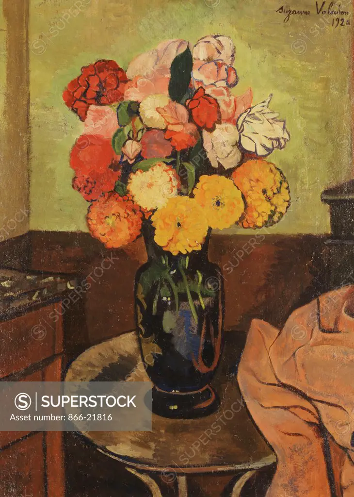 Vase of Flowers on a Round Table; Vase de Fleurs sur une Table Ronde. Suzanne Valadon (1865-1938). Oil on board. Signed and dated 1920. 73.3 x 53cm.