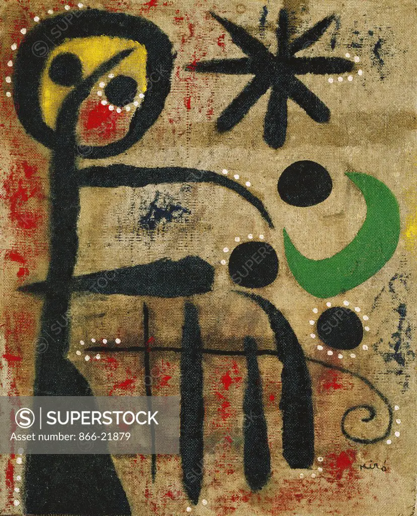 The Joy of the Little Girl by the Game of Constellations; L'Allegresse de la Fillette par le Jeu des Constellations. Joan Miro (1893-1983). Oil on burlap. Signed and dated 1954. 59.5 x 48.9cm.