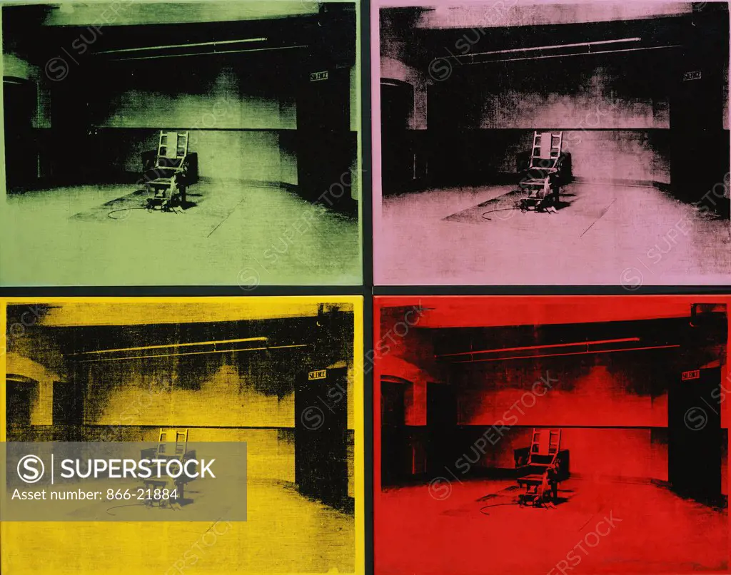 Four Electric Chairs. Andy Warhol (1930-1987). Silkscreen inks and synthetic polymer on canvas. Signed and dated 1964. Overall: 111.7 x 142.3cm.