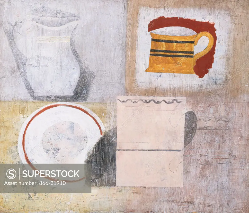 Still Life with Jug and Mugs. Ben Nicholson (1894-1982). Oil and pencil on board. Executed in 1930. 38 x 44.5cm.