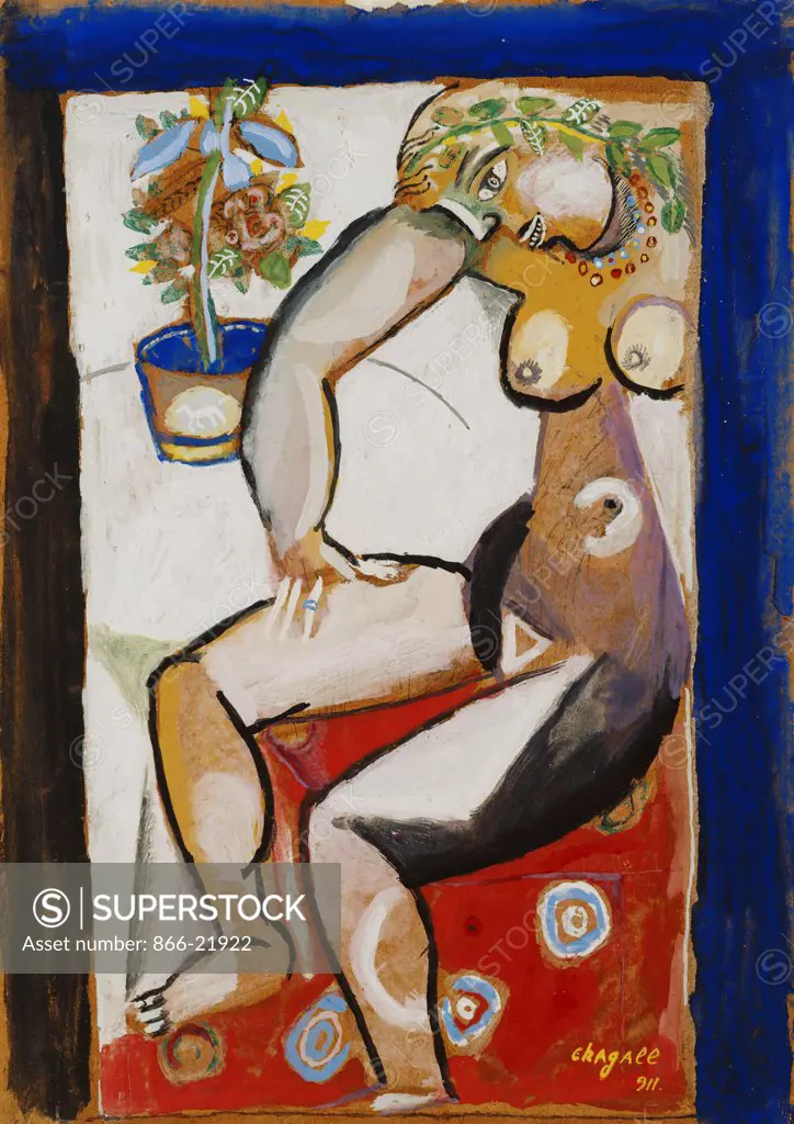 Nude Sitting; Nu Assis. Marc Chagall (1887-1985). Gouache, pen and black ink on brown paper. Signed and dated 1911. 34 x 24.2cm.