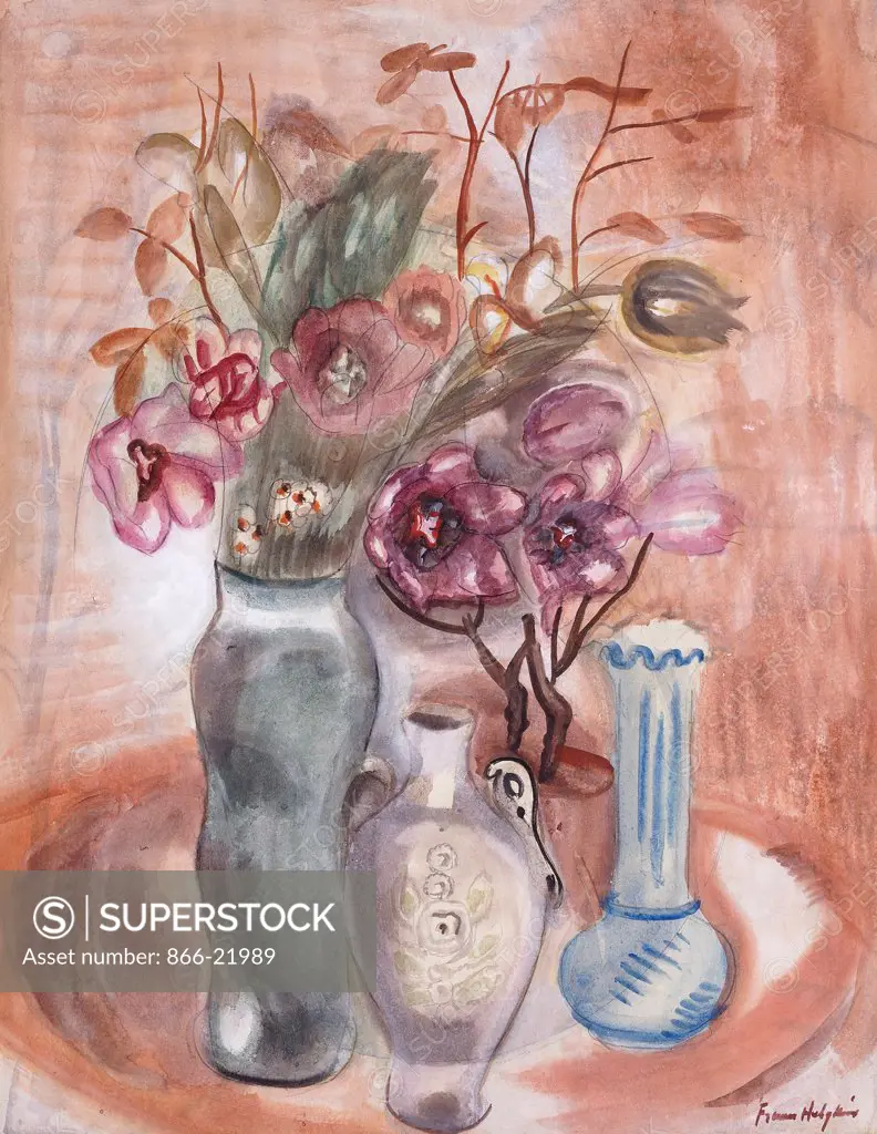 Still Life with Flowers and Vases. Frances Hodgkins (1869-1947). Pencil, watercolour and bodycolour. 56 x 43.2cm.
