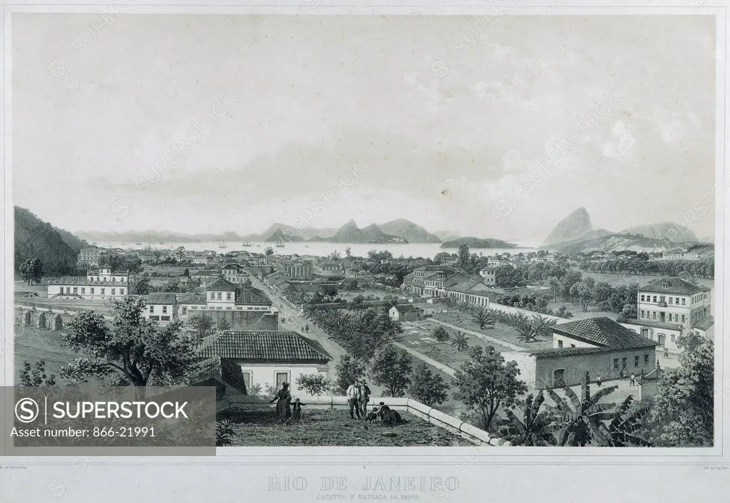 Nine panoramic views of Rio de Janeiro: Catette e entrada da Barra. Philippe Benoist (1813-c.1905) and Eugene Ciceri (1813-1890). Lithograph. 45 x 71cm.