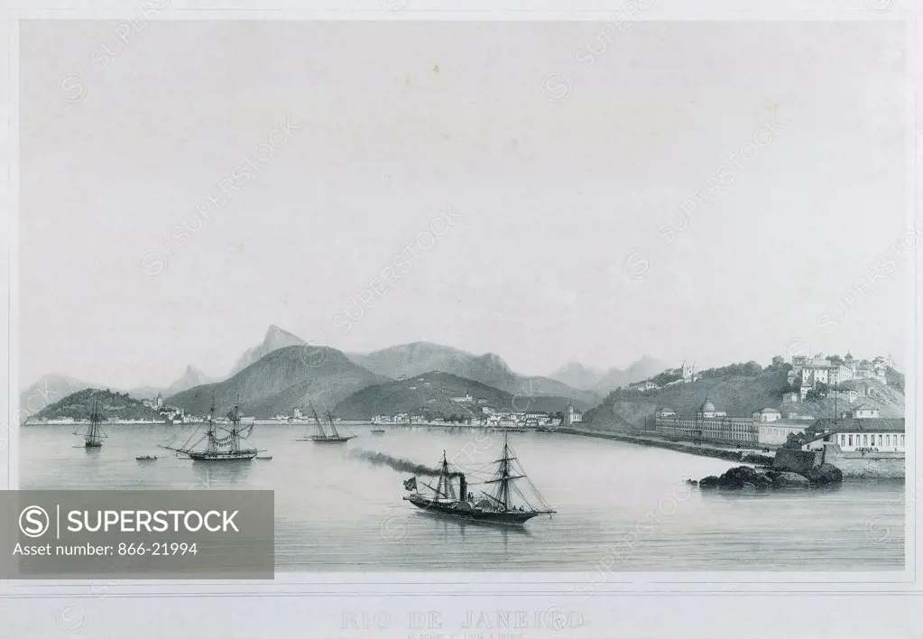 Nine panoramic views of Rio de Janeiro: As Prais St. Luzia a Gloria. Philippe Benoist (1813-c.1905) and Eugene Ciceri (1813-1890). Lithograph. 45 x 71cm.