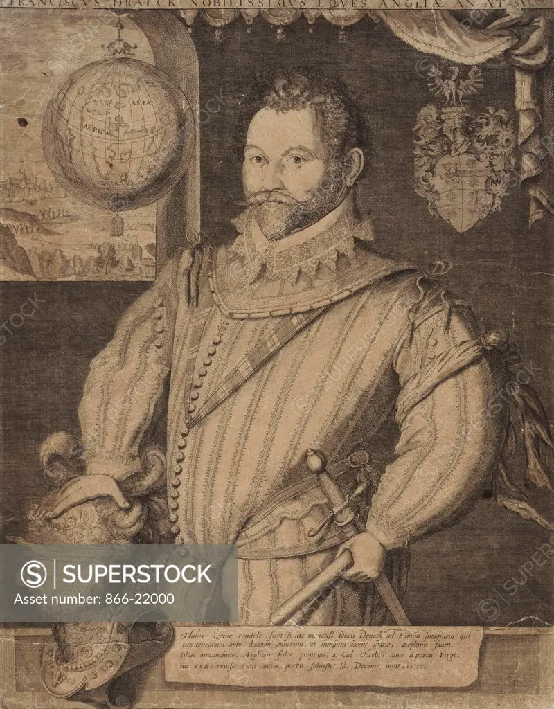 Portrait of Sir Francis Drake. Jodocus Hondius  (1567-1611). Copper-engraved portrait. 38.7 x 30.5cm