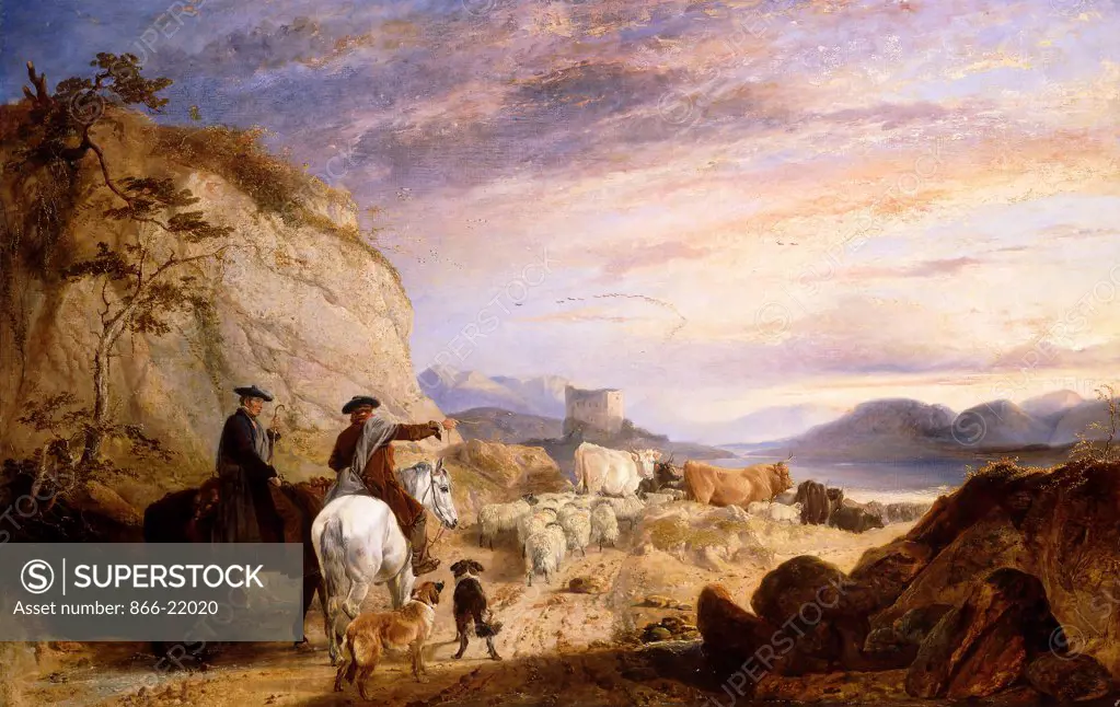 Highland Drovers and Dogs Driving their Sheep and Cattle in a Rocky Wooded Landscape. Richard Ansdell (1815-1885). Oil on canvas. Dated 1846. 113.7 x 175.3cm.