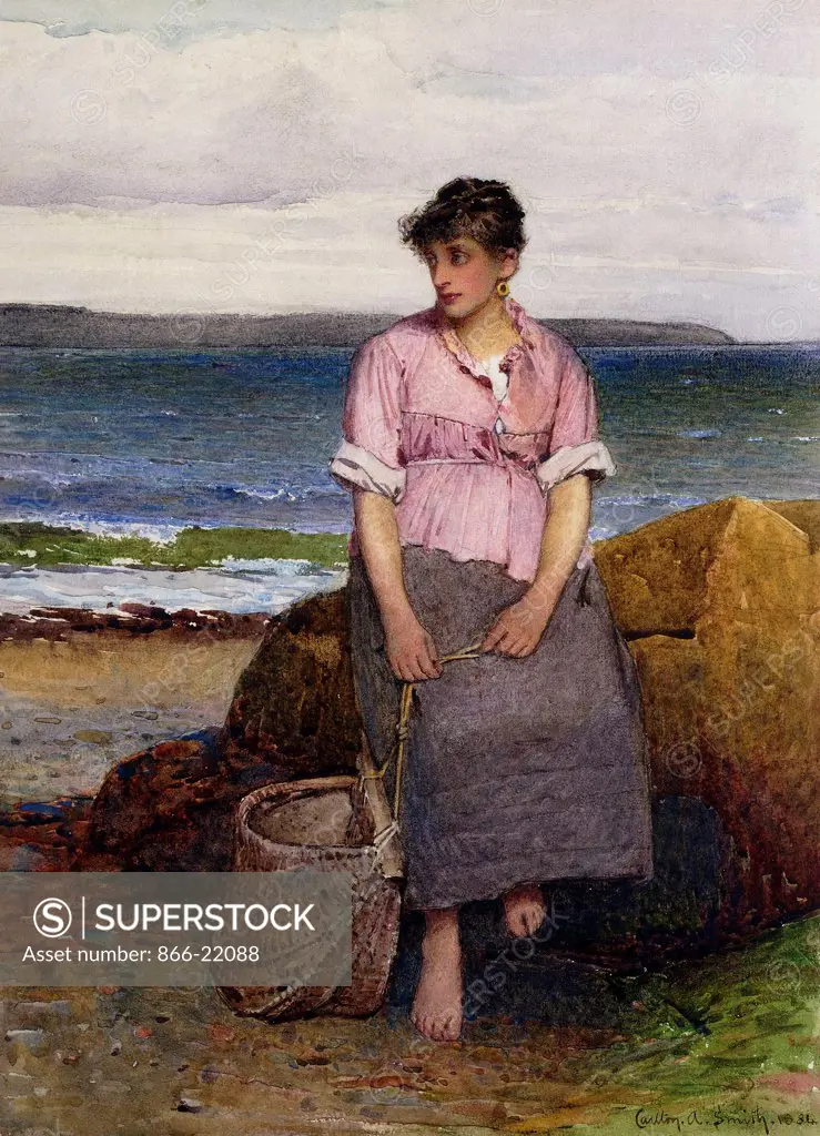 A Young Fishergirl by the Sea. Carlton Alfred Smith (1853-1946). Pencil and watercolour. Signed and dated 1884. 40.4 x 29.5cm.