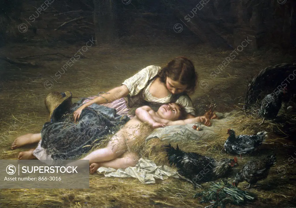 Motherly Love  Henry Campotosto (d. 1910/Belgian) Oil on Canvas 