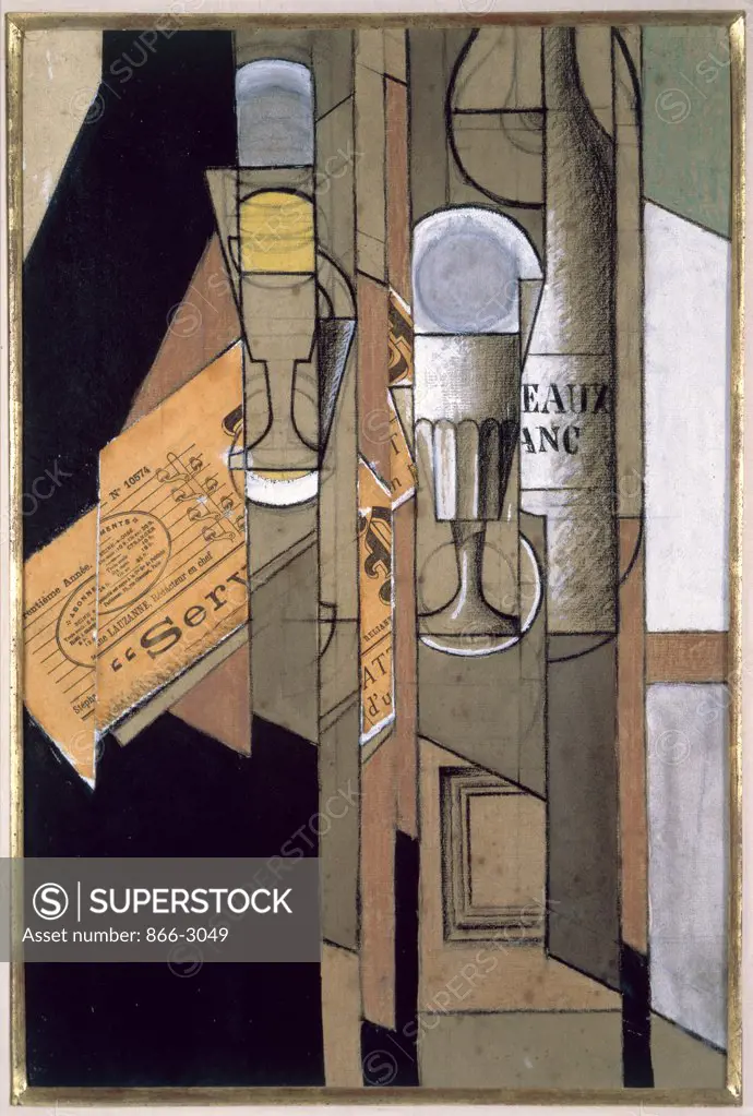 Glasses, Newspaper and Bottle of Wine  Juan Gris (1887-1927/Spanish) Collage 