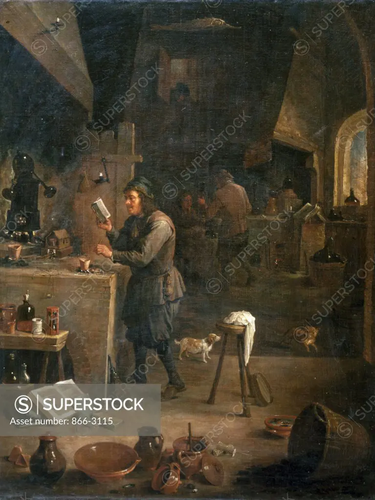 Alchemist in His Laboratory by David Terrios II, painting, (1610-1690), UK, England, London, Christie's