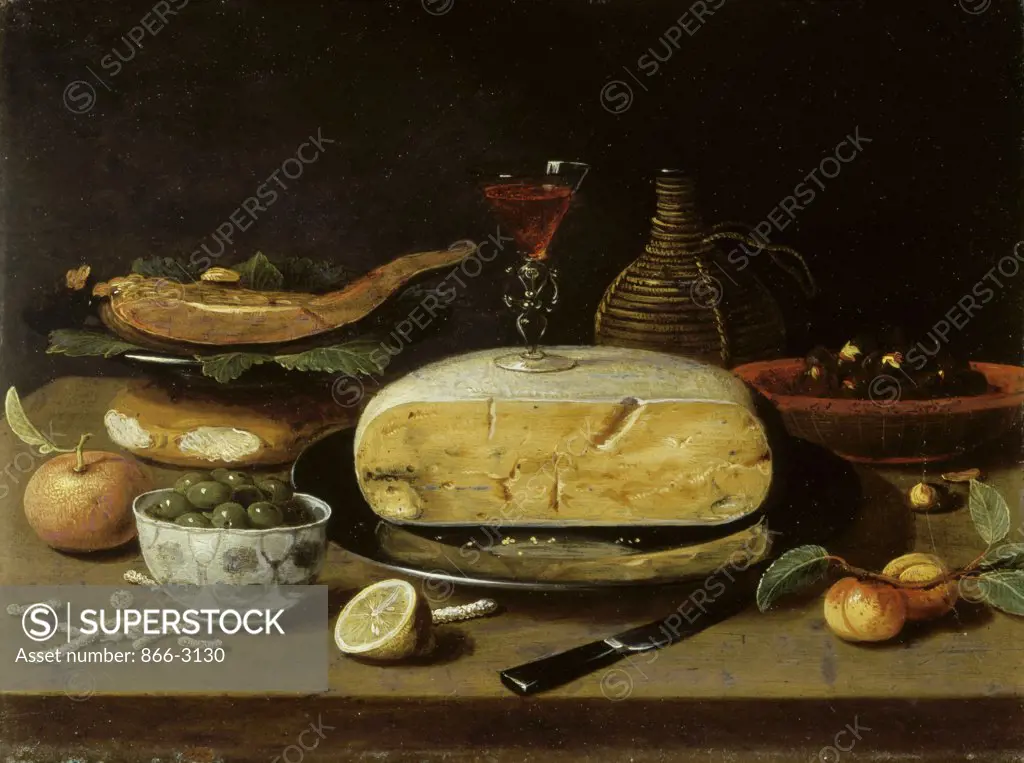 Still Life With Facon de Venise Wineglass, Cheese on a Pewter Plate, Bowl of Olives & Flask of Wine  Jan van Kessel II (1654-1708 Flemish) Oil on burlap