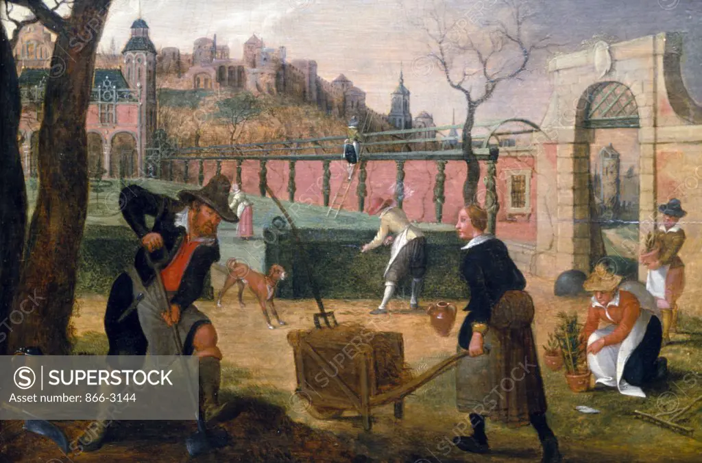 Gardeners at Work in Formal Garden on Outskirts of Town by Sebastian Vrancx, painting, (1573-1647), UK, England, London, Christie's