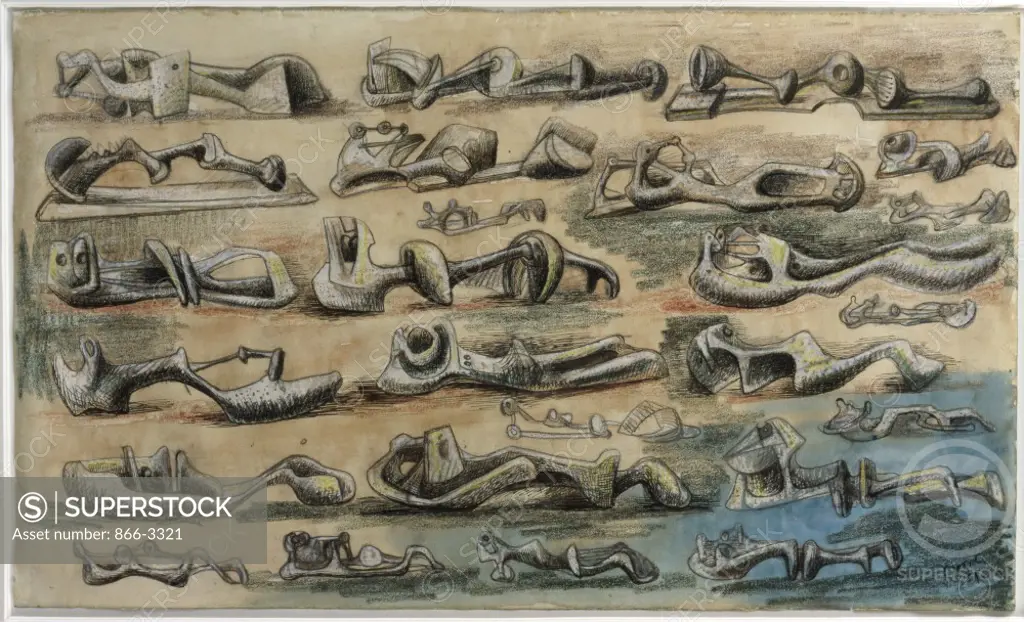 Ideas for Metal Sculpture:  Reclining Figures Ink with Watercolor Henry Moore (1898-1986/British)     