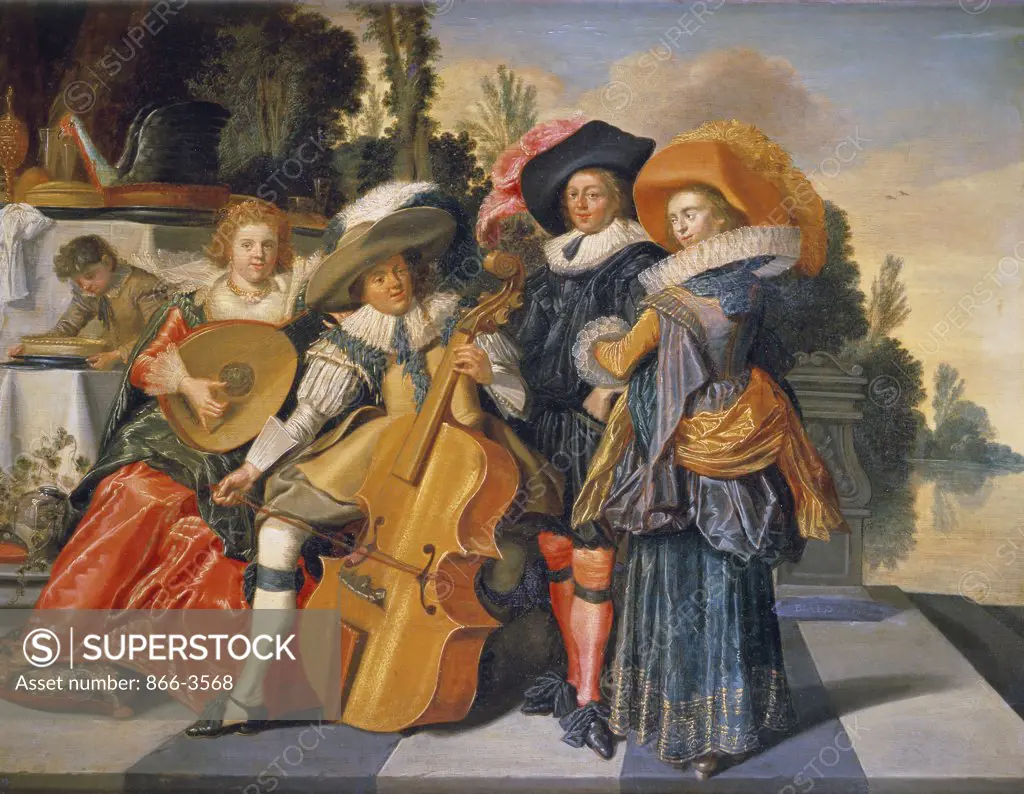 Elegant Figures Making Music on a Terrace by a Lake  1625 Dirck Hals (1591-1656/Flemish) Oil on Wood Panel 