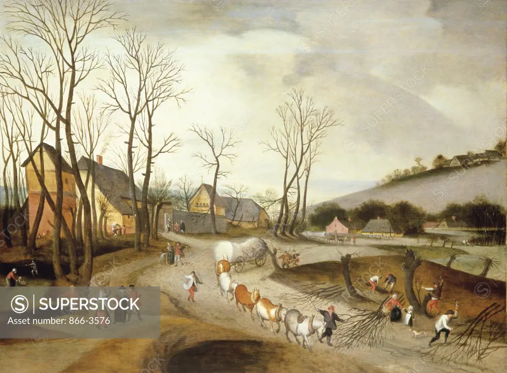 Winter Landscape with Wagon and Peasants at Work  Oil on Wood Panel  Abel Grimmer c. (1570-1619/Flemish) 