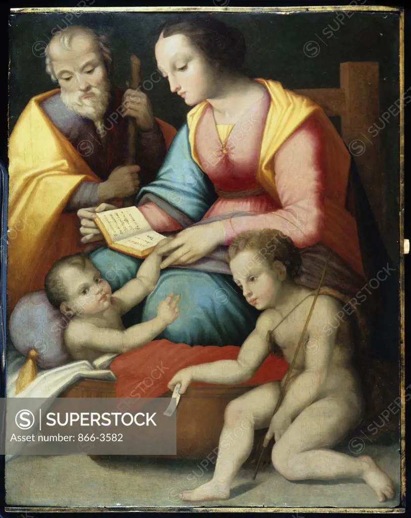 Holy Family with the Infant Saint John the Baptist  Circle of Maso da San Friano Tempera on Wood Panel 