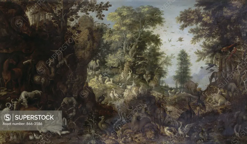 The Garden of Eden with Eve Tempting Adam Roelandt Savery (1576-1639 Flemish) Oil on canvas Christie's Images, London, England 