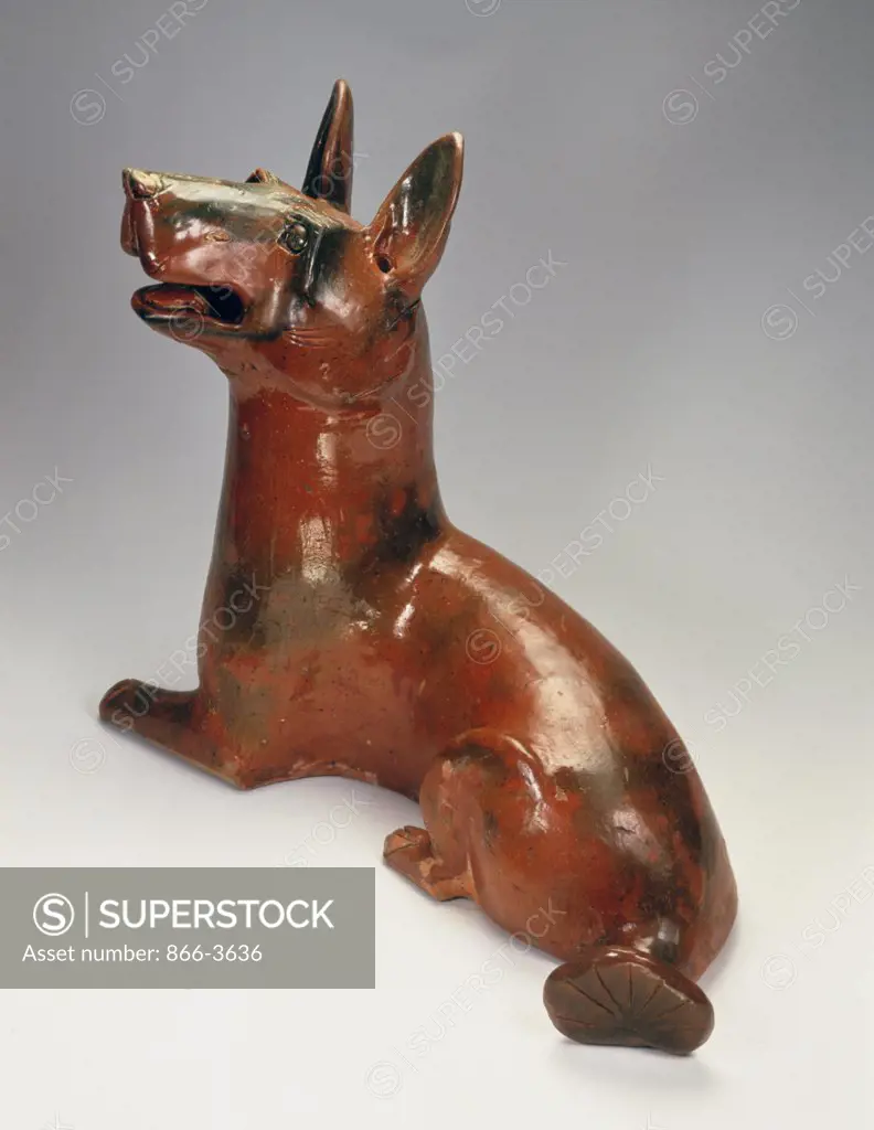 Glazed red pottery seated dog, Chinese Art