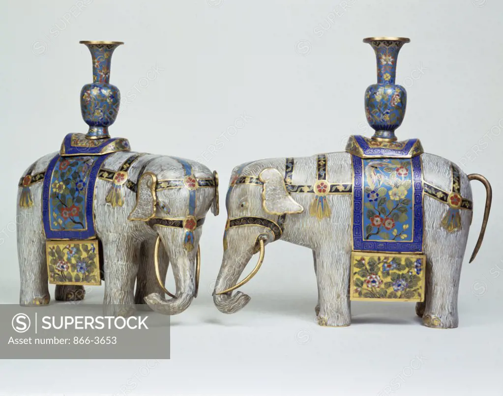 Pair of Cloisonne enamel and Gilt Bronze Elephant candleholders, Chinese Art