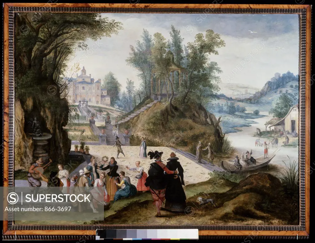 Months Of May And June - Extensive Wooded River Landscape With Elegant Figures Making Garlands Of Flowers Sebastian Vrancx (1573-1647 Flemish) Oil On Wood Panel Christie's Images, London, England