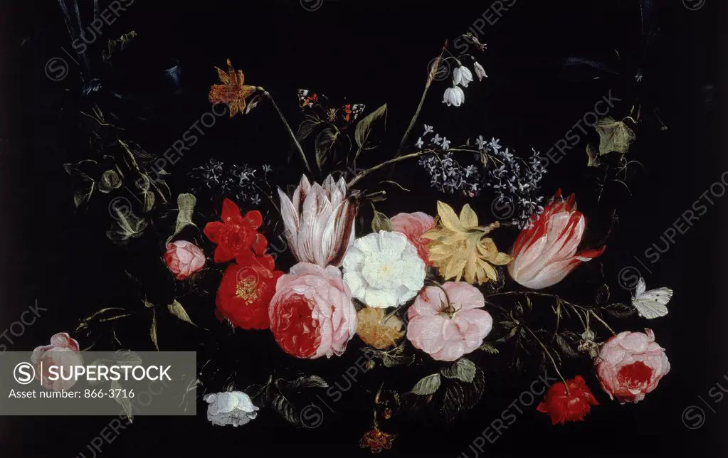 A Swag Of Tulips, Roses, Daffodils And Lilac With A Red Admiral And A Cabbage White Jan van Kessel (1612-1679 Flemish) Oil On Canvas Christie's Images, London, England
