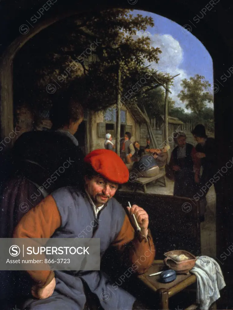 Man with clay pipe, with woman serving peasants in courtyard of country Inn, by Adriaen van Ostade, oil on wood panel, (1610-1685), England, London, Christie's Images