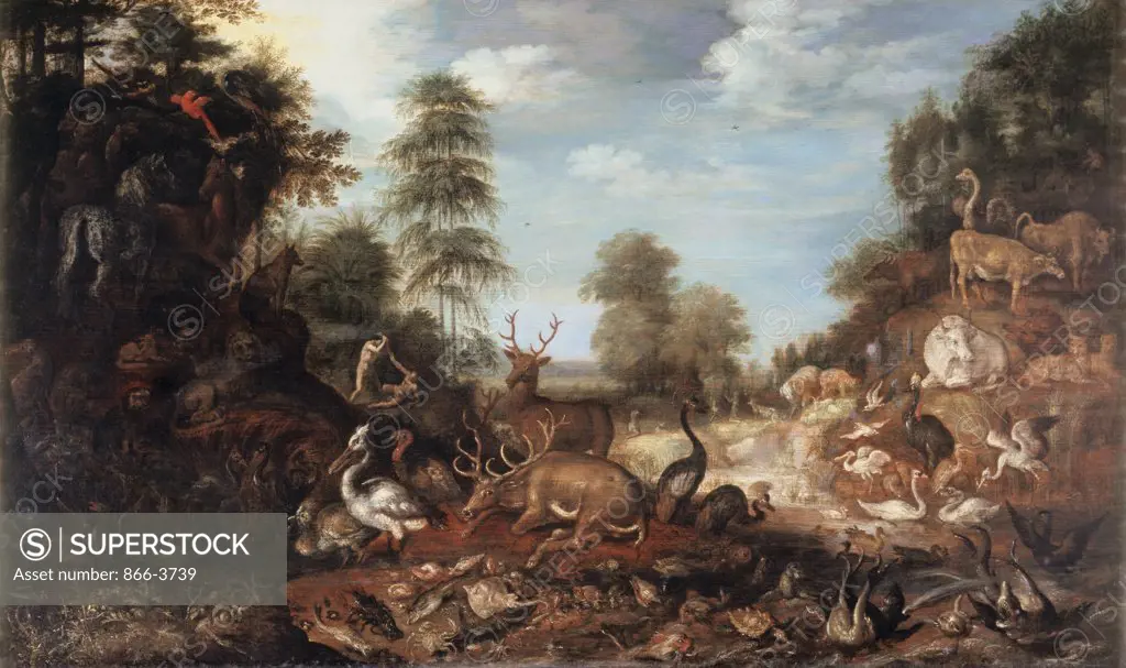 After Fall, Numerous Animals On Rocky River Bank, Story Of Cain & Abel Beyond Savery, Roelandt(1576-1639 Flemish) Oil On Wood Panel Christie's Images, London, England 